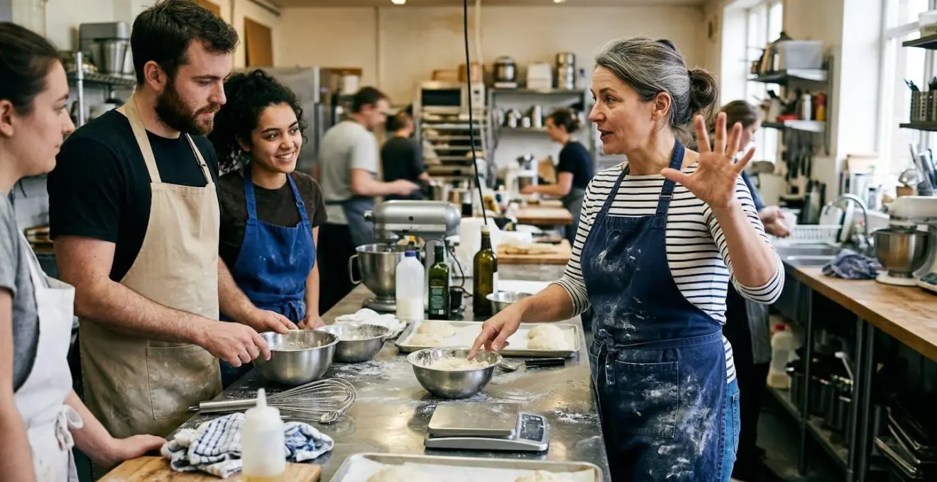 Une personne en tablier qui fait un geste explicatif de la main vers d'autres collègues autour d'un plan de travail, posture de coordination naturelle