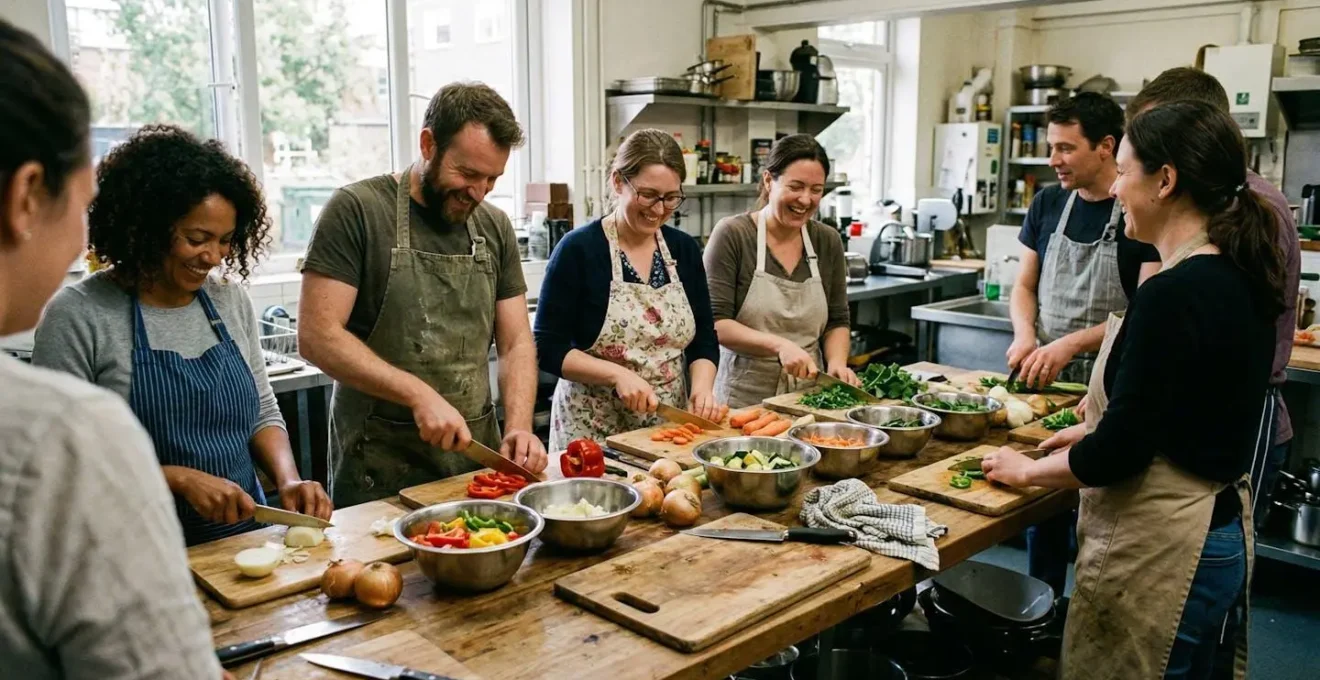 Groupe de collègues en tabliers dépareillés autour d'un plan de travail, les mains occupées à découper des légumes, ambiance décontractée avec sourires échangés