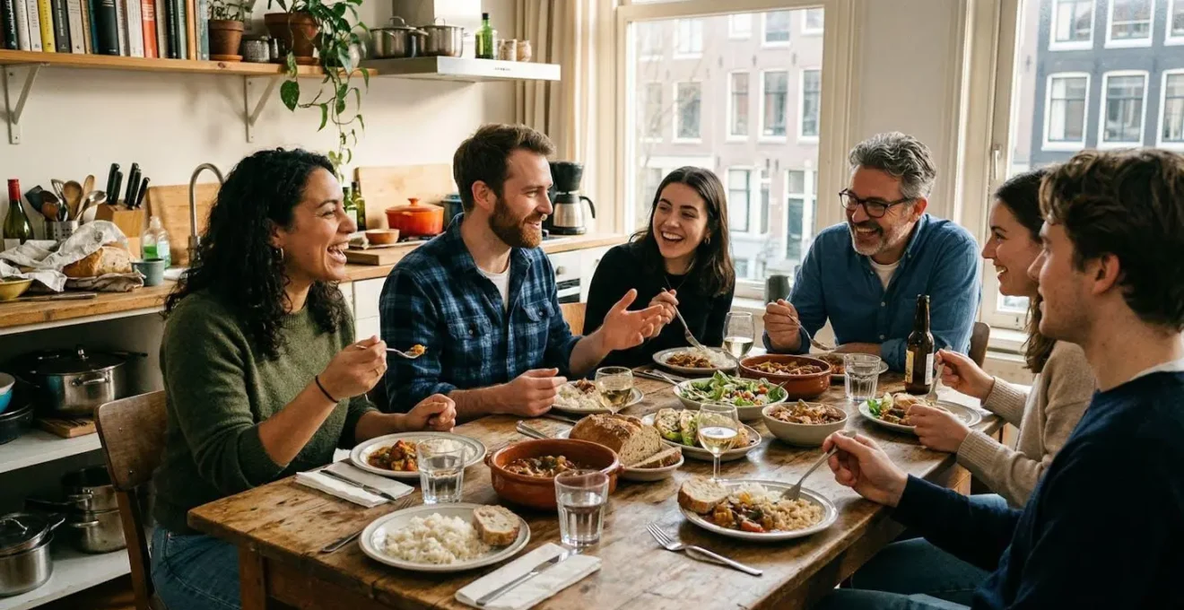 Groupe de collègues attablés partageant le repas qu'ils ont préparé, ambiance conviviale avec discussions animées et verres levés