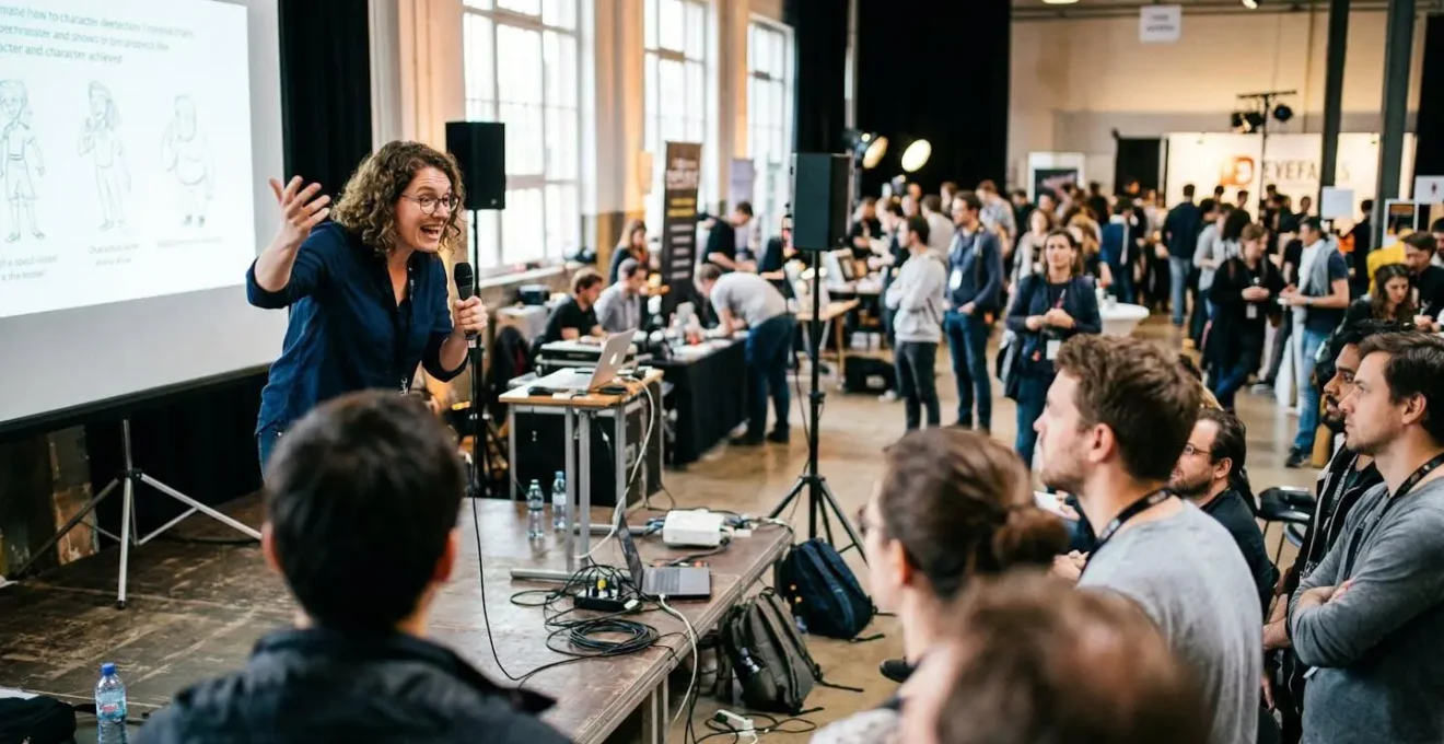 Un animateur donnant des consignes à un groupe attentif dans un espace événementiel, gestuelle dynamique