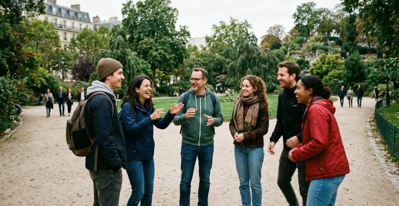 Un groupe de collaborateurs en cercle lors d'une activité dans un parc, certains en mouvement avec des expressions engagées