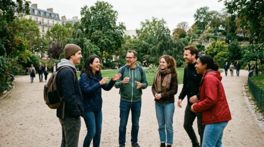 Un groupe de collaborateurs en cercle lors d'une activité dans un parc, certains en mouvement avec des expressions engagées