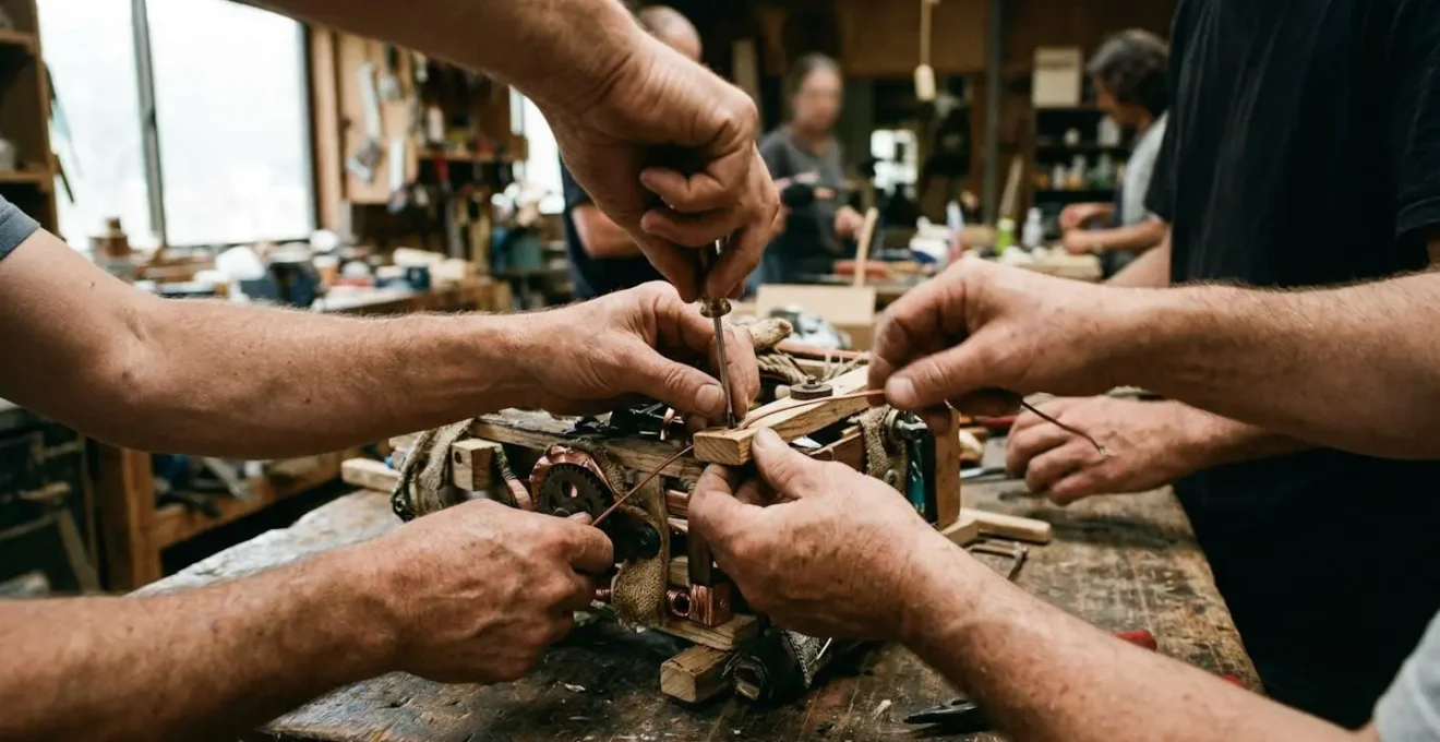 Gros plan sur plusieurs mains assemblant un objet collectif, visages hors cadre