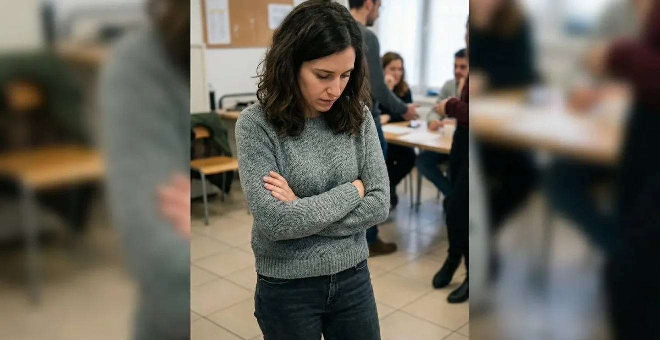 Une personne en retrait lors d'une activité de groupe, regard vers le sol et posture fermée